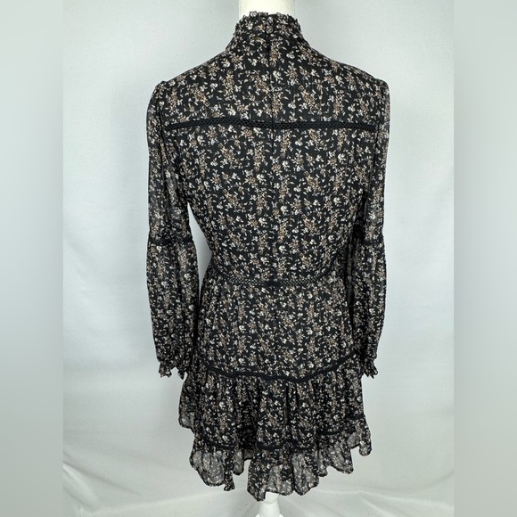 Aqua Ditsy Floral Black Dress Ruffle High Neck Embroidery Small Whimsigoth Boho - Picture 13 of 16